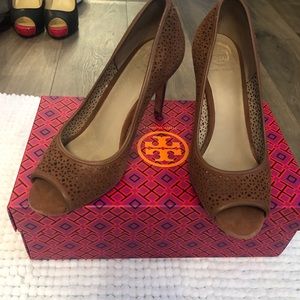 Tory Burch laser cut peep toe suede chestnut pumps